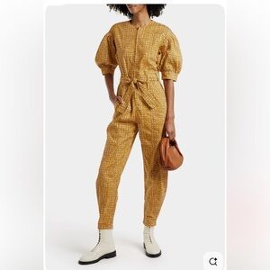 Ulla Johnson Sabra Print Denim Jumpsuit Belted Gathered Puff Sleeve / 0